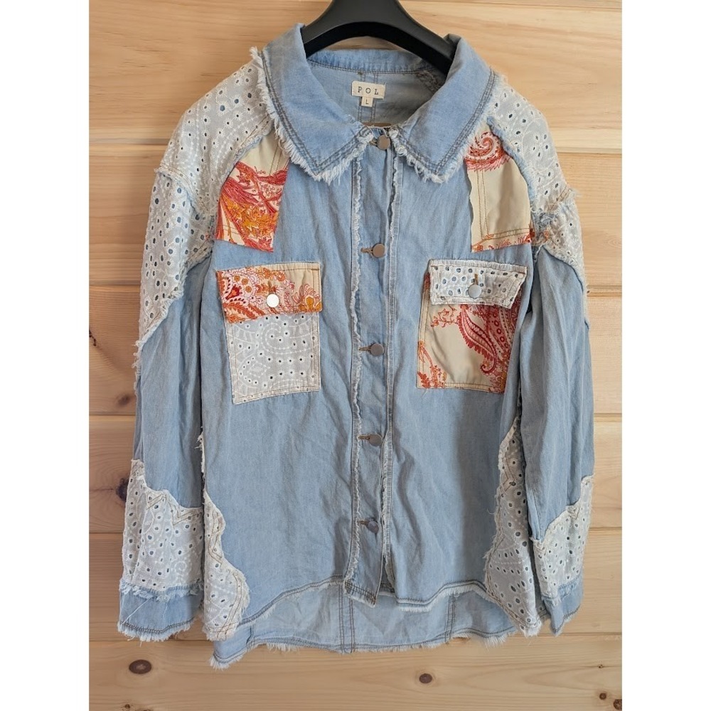New Pol Denim Shacket Womens Top L Distressed Patchwork Indie Boho Anthropologie - Picture 3 of 11